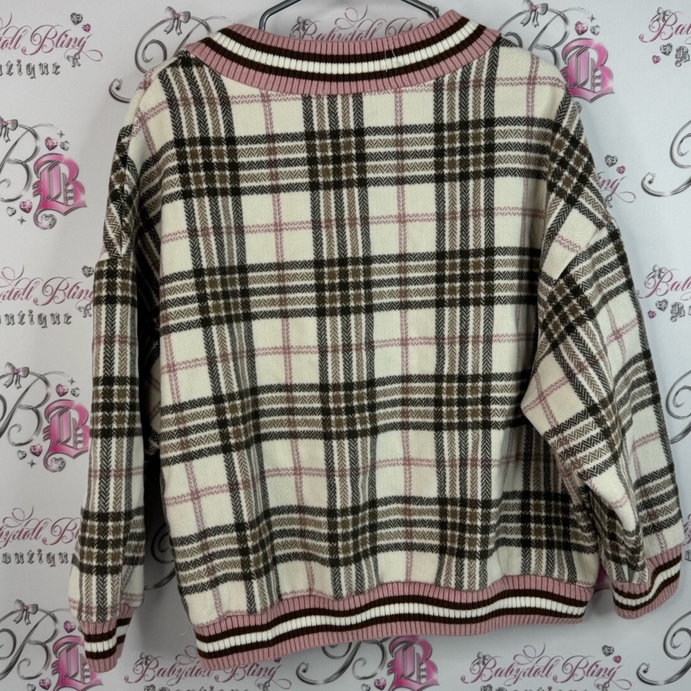 K.s be your style sweater stripes Plaid V-Neck Sweater - Cream and Pink knit - Picture 2 of 8